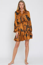 Devika Long Sleeve Floral Waist Tie Mini Dress - Camel/Brown