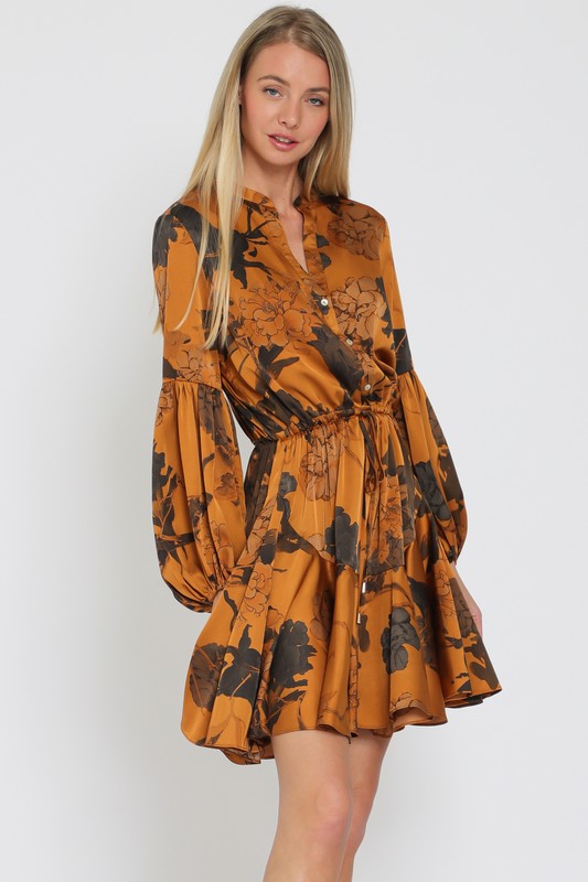 Devika Long Sleeve Floral Waist Tie Mini Dress - Camel/Brown