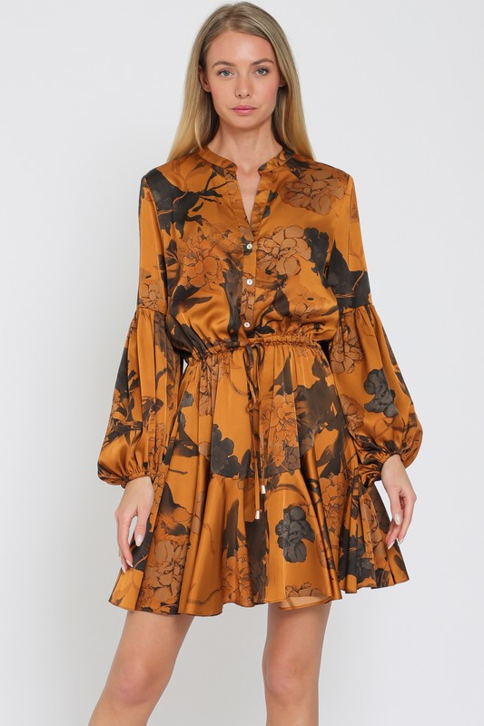 Devika Long Sleeve Floral Waist Tie Mini Dress - Camel/Brown