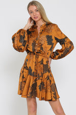 Devika Long Sleeve Floral Waist Tie Mini Dress - Camel/Brown