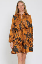 Devika Long Sleeve Floral Waist Tie Mini Dress - Camel/Brown