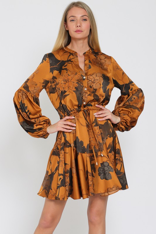 Devika Long Sleeve Floral Waist Tie Mini Dress - Camel/Brown