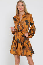 Devika Long Sleeve Floral Waist Tie Mini Dress - Camel/Brown