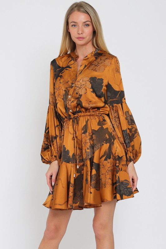 Devika Long Sleeve Floral Waist Tie Mini Dress - Camel/Brown