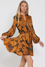 Devika Long Sleeve Floral Waist Tie Mini Dress - Camel/Brown