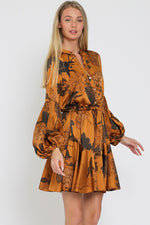 Devika Long Sleeve Floral Waist Tie Mini Dress - Camel/Brown