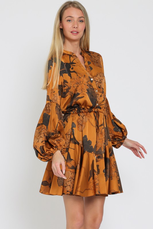 Devika Long Sleeve Floral Waist Tie Mini Dress - Camel/Brown