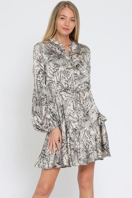 Devika Long Sleeve Floral Waist Tie Mini Dress - Black/Cream