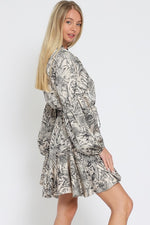 Devika Long Sleeve Floral Waist Tie Mini Dress - Black/Cream