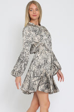 Devika Long Sleeve Floral Waist Tie Mini Dress - Black/Cream