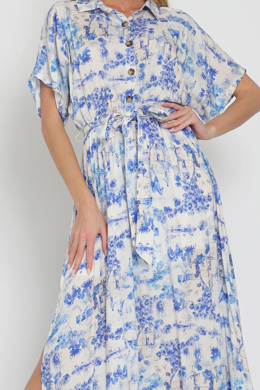 Elora Horse Toile Dolman Tie Waist Maxi Dress