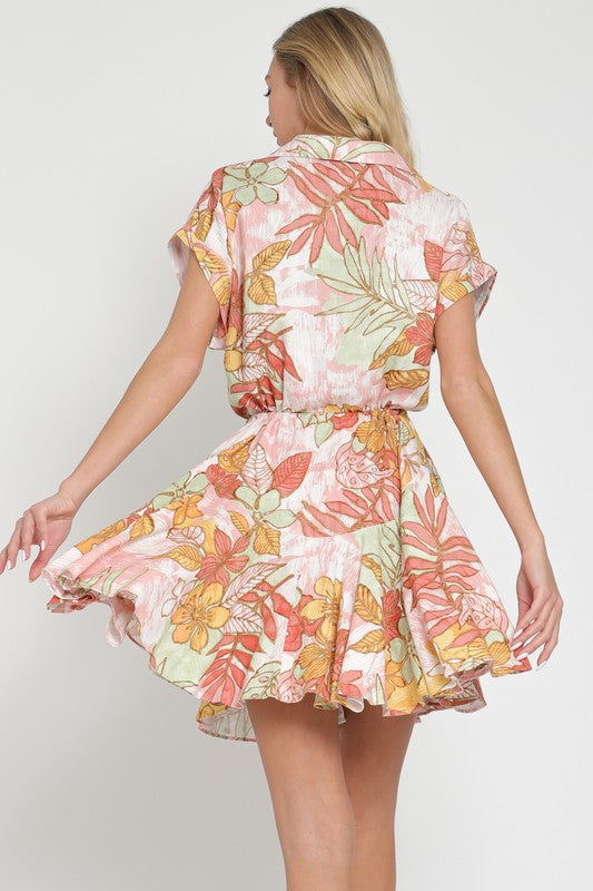 Vali Floral Dolman Short Sleeve Waist Tie Mini Dress