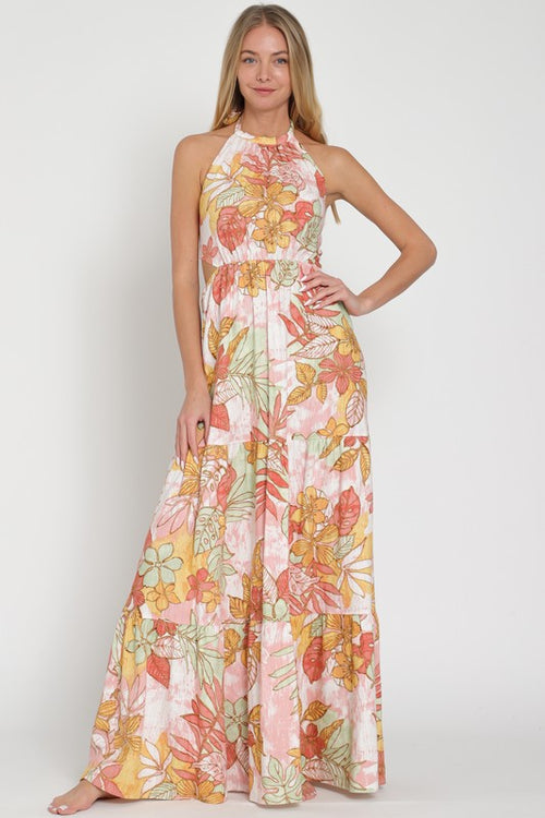 Ariyah Linen Floral Halter Tie Back Maxi Dress