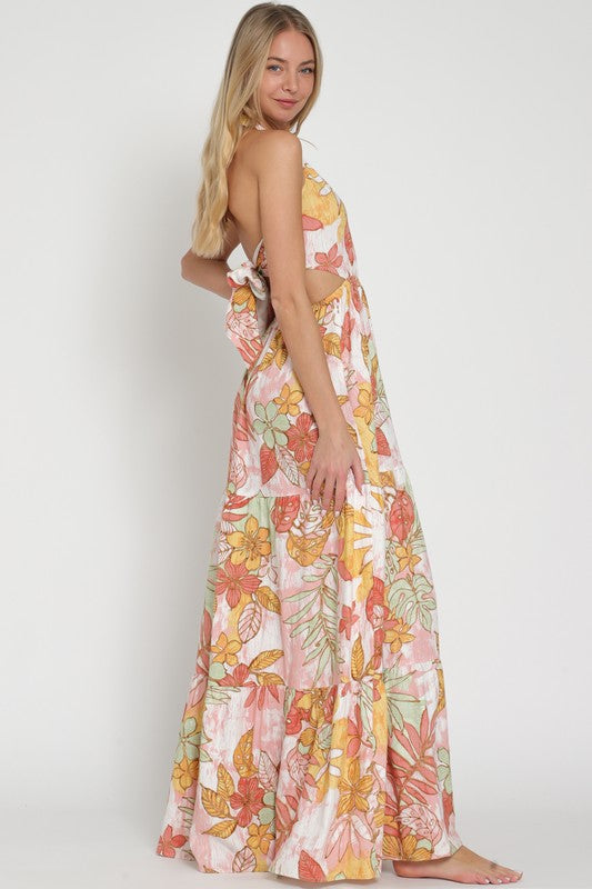 Ariyah Linen Floral Halter Tie Back Maxi Dress