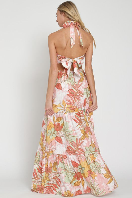 Ariyah Linen Floral Halter Tie Back Maxi Dress