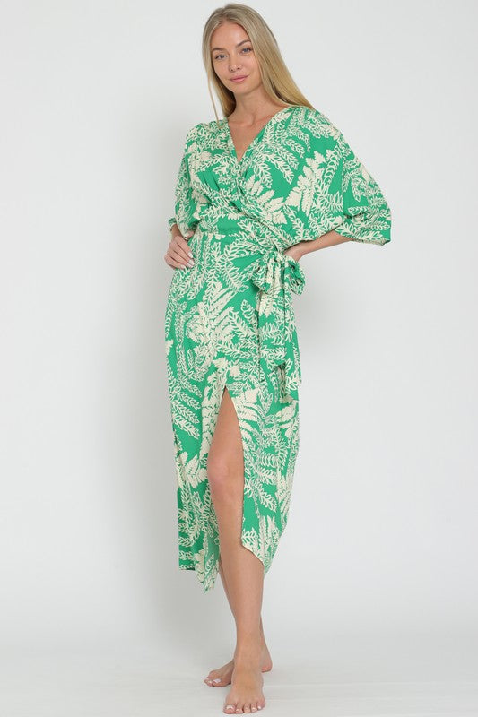 Charleigh Kimono Sleeve Fern Print Wrap Midi Dress