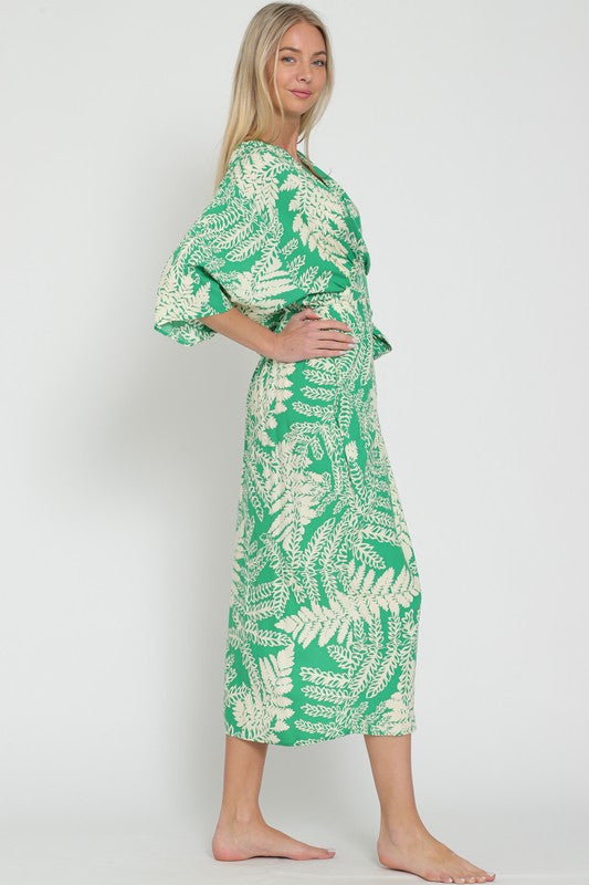 Charleigh Kimono Sleeve Fern Print Wrap Midi Dress