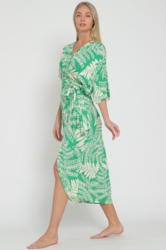 Charleigh Kimono Sleeve Fern Print Wrap Midi Dress