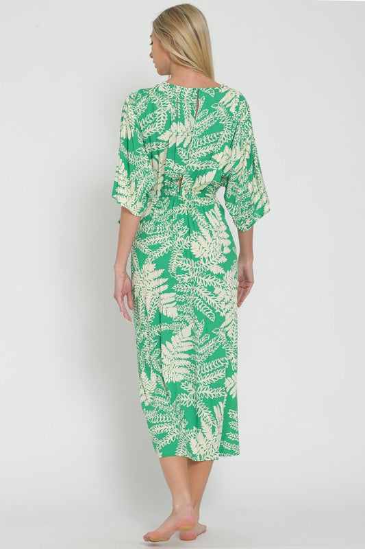 Charleigh Kimono Sleeve Fern Print Wrap Midi Dress