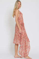 Alitza Floral Halter Side Rosette Detail Asymmetrical Midi Dress