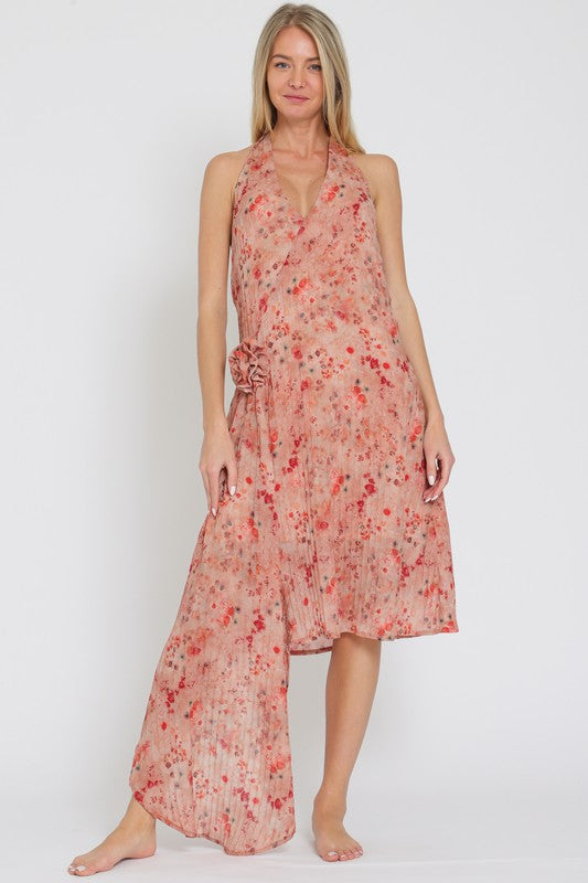 Alitza Floral Halter Side Rosette Detail Asymmetrical Midi Dress