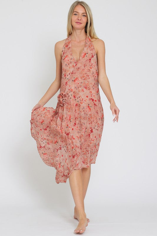 Alitza Floral Halter Side Rosette Detail Asymmetrical Midi Dress