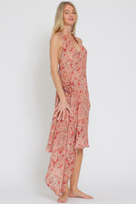 Alitza Floral Halter Side Rosette Detail Asymmetrical Midi Dress