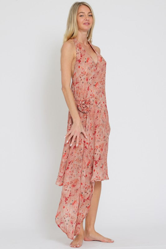 Alitza Floral Halter Side Rosette Detail Asymmetrical Midi Dress