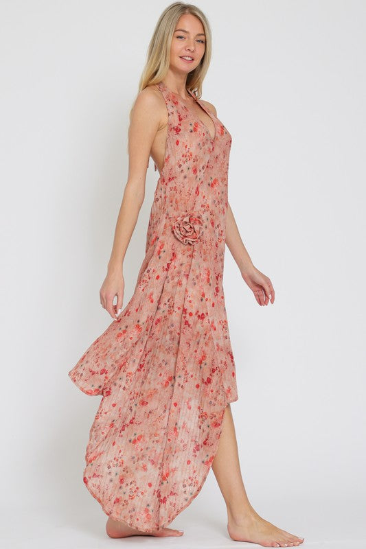 Alitza Floral Halter Side Rosette Detail Asymmetrical Midi Dress