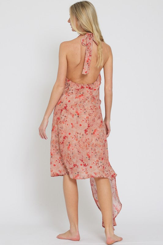 Alitza Floral Halter Side Rosette Detail Asymmetrical Midi Dress