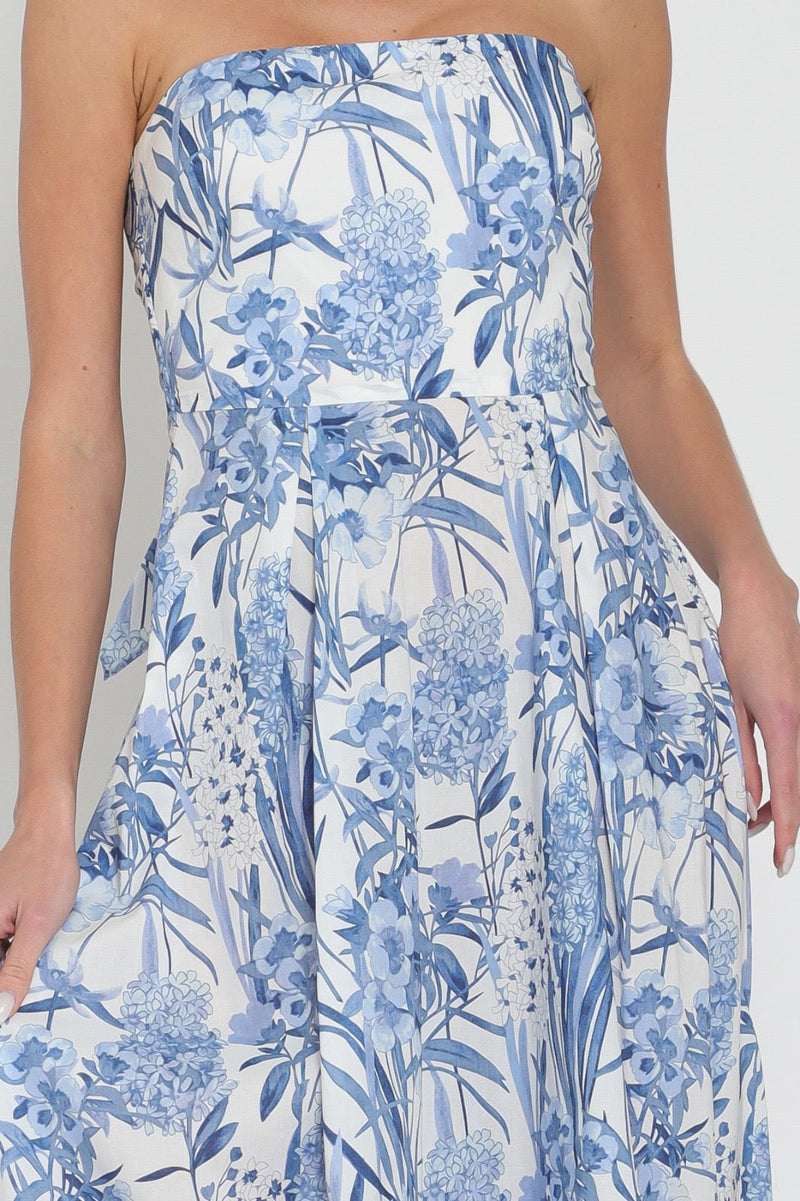 Noor Strapless Floral Tie Back Midi Dress