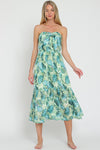 Lulu Strapless Tie Front Midi Dress - Green/Blue