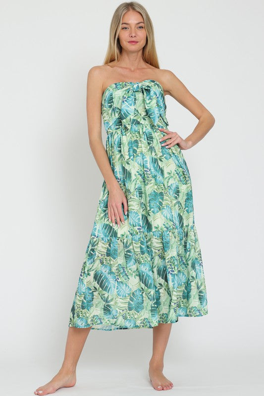 Lulu Strapless Tie Front Midi Dress - Green/Blue