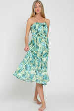 Lulu Strapless Tie Front Midi Dress - Green/Blue