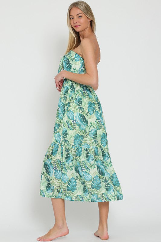 Lulu Strapless Tie Front Midi Dress - Green/Blue