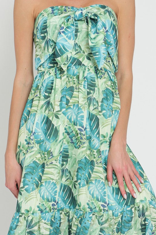 Lulu Strapless Tie Front Midi Dress - Green/Blue