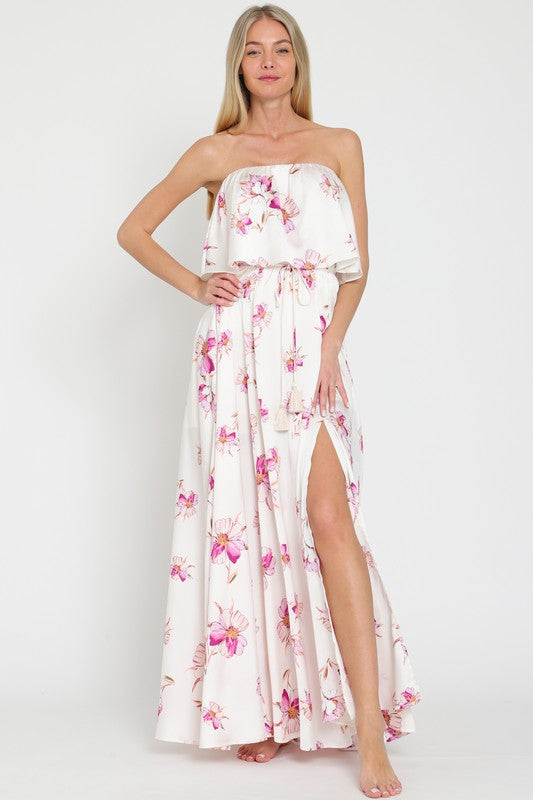 Everlasting Strapless Paisley Print Maxi Dress - White/Pink