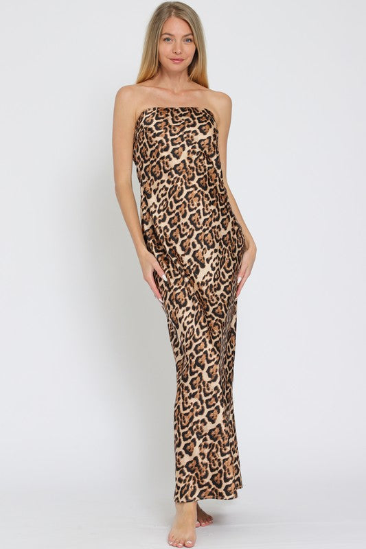 Liz Leopard Strapless Cowl Back Maxi Dress