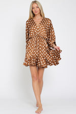 Tina Polka Dot Dolman Tie Front Mini  Dress - Brown/Cream - BEST SELLER!!!