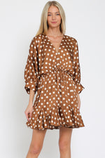 Tina Polka Dot Dolman Tie Front Mini  Dress - Brown/Cream - BEST SELLER!!!