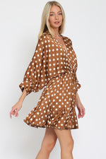 Tina Polka Dot Dolman Tie Front Mini  Dress - Brown/Cream - BEST SELLER!!!