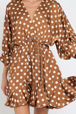 Tina Polka Dot Dolman Tie Front Mini  Dress - Brown/Cream - BEST SELLER!!!