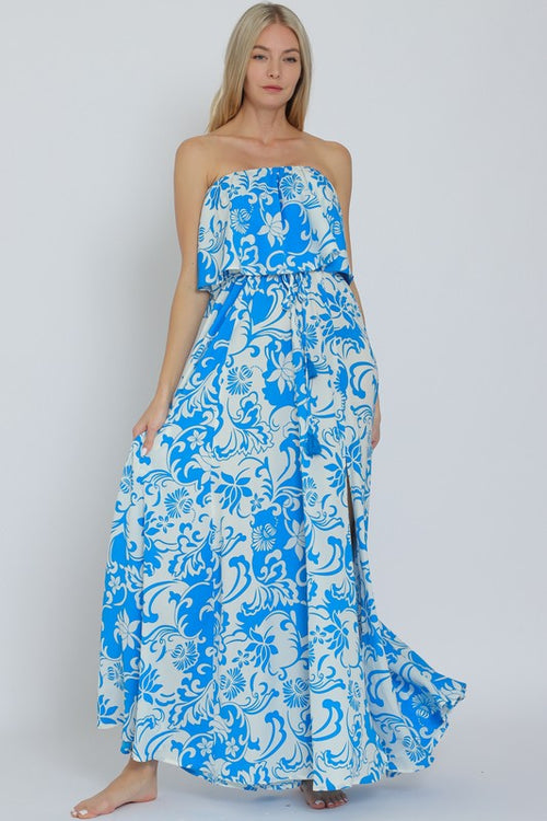 Everlasting Strapless Paisley Print Maxi Dress - White/Blue