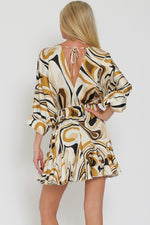 Tina Dolman Tie Front Mini  Dress - Cream/Black/Gold - BEST SELLER!!!