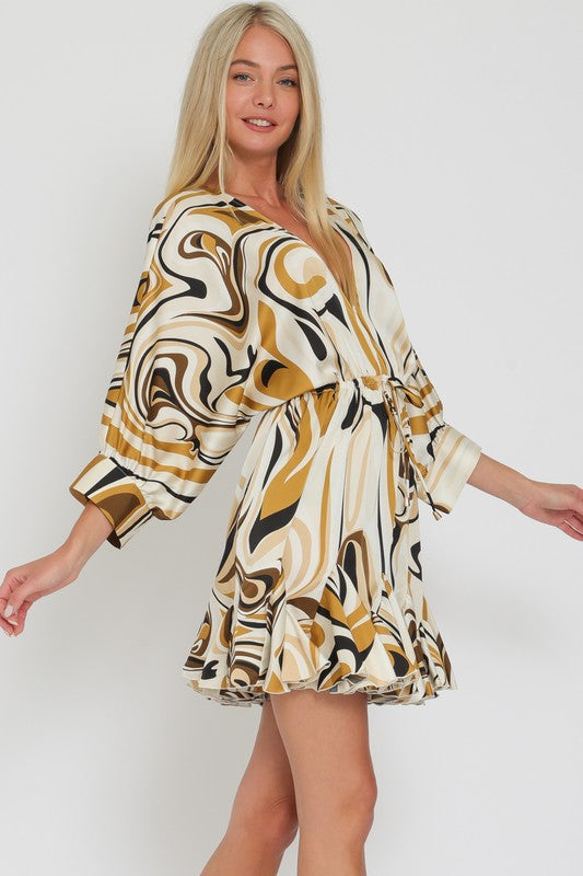 Tina Dolman Tie Front Mini  Dress - Cream/Black/Gold - BEST SELLER!!!