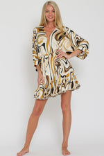 Tina Dolman Tie Front Mini  Dress - Cream/Black/Gold - BEST SELLER!!!