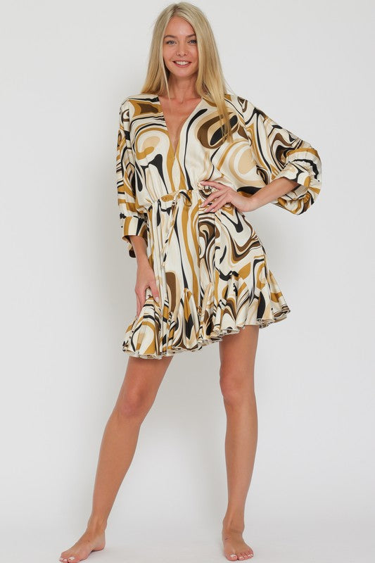 Tina Dolman Tie Front Mini  Dress - Cream/Black/Gold - BEST SELLER!!!