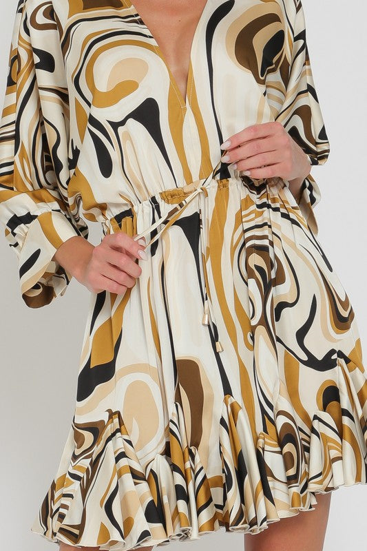 Tina Dolman Tie Front Mini  Dress - Cream/Black/Gold - BEST SELLER!!!