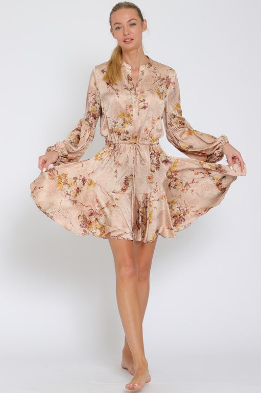 Devika Satin Long Sleeve Floral Waist Tie Mini Dress - Blush Floral