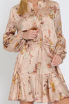 Devika Satin Long Sleeve Floral Waist Tie Mini Dress - Blush Floral